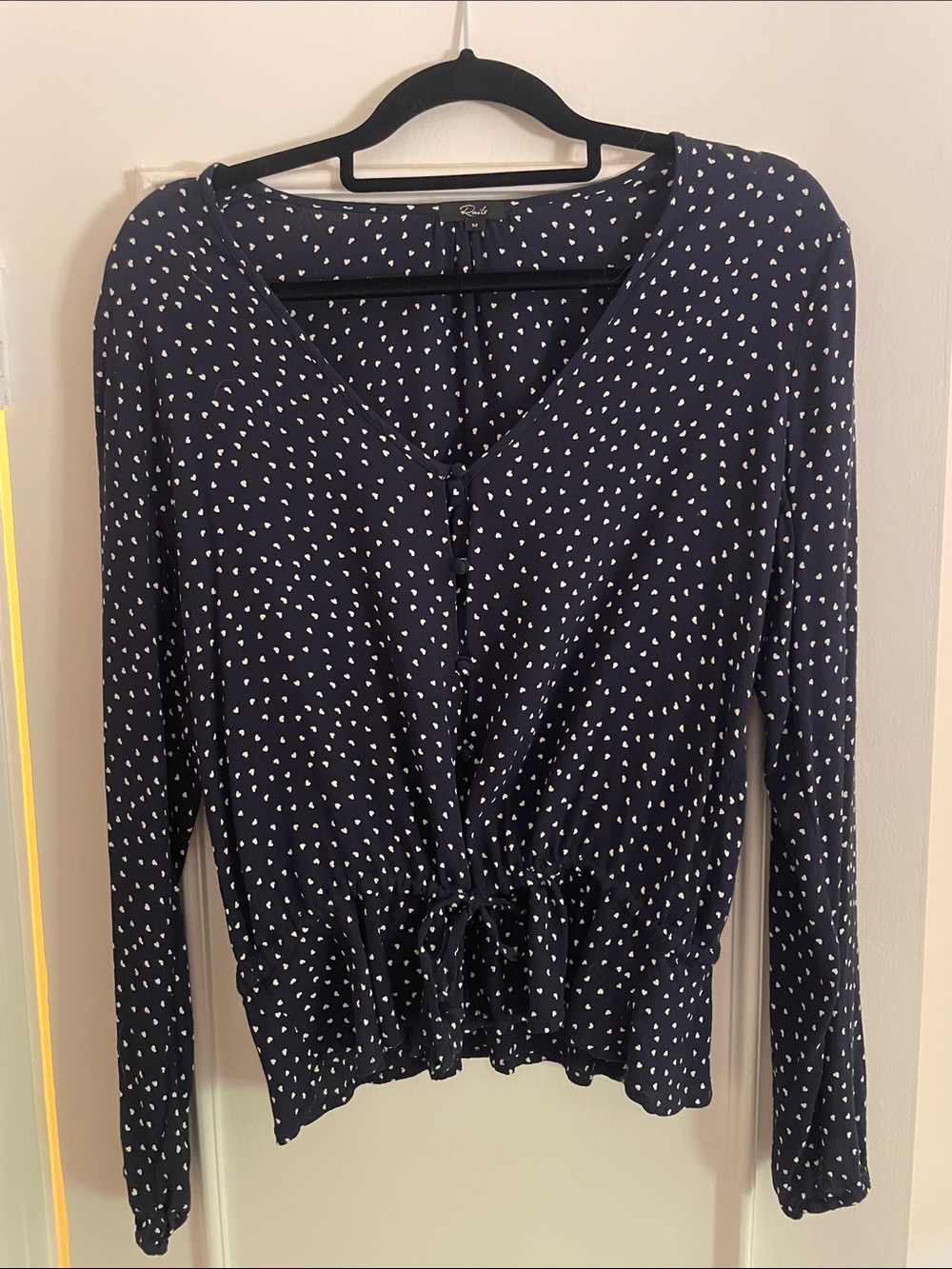 Rails Navy and White Heart-Print Drawstring Peplum Blouse